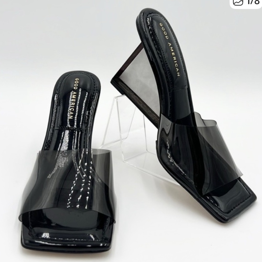 GOOD AMERICAN CINDERELLA BLACK LUCITE SLIP ON MULE WEDGE SANDALS SZ 7.5